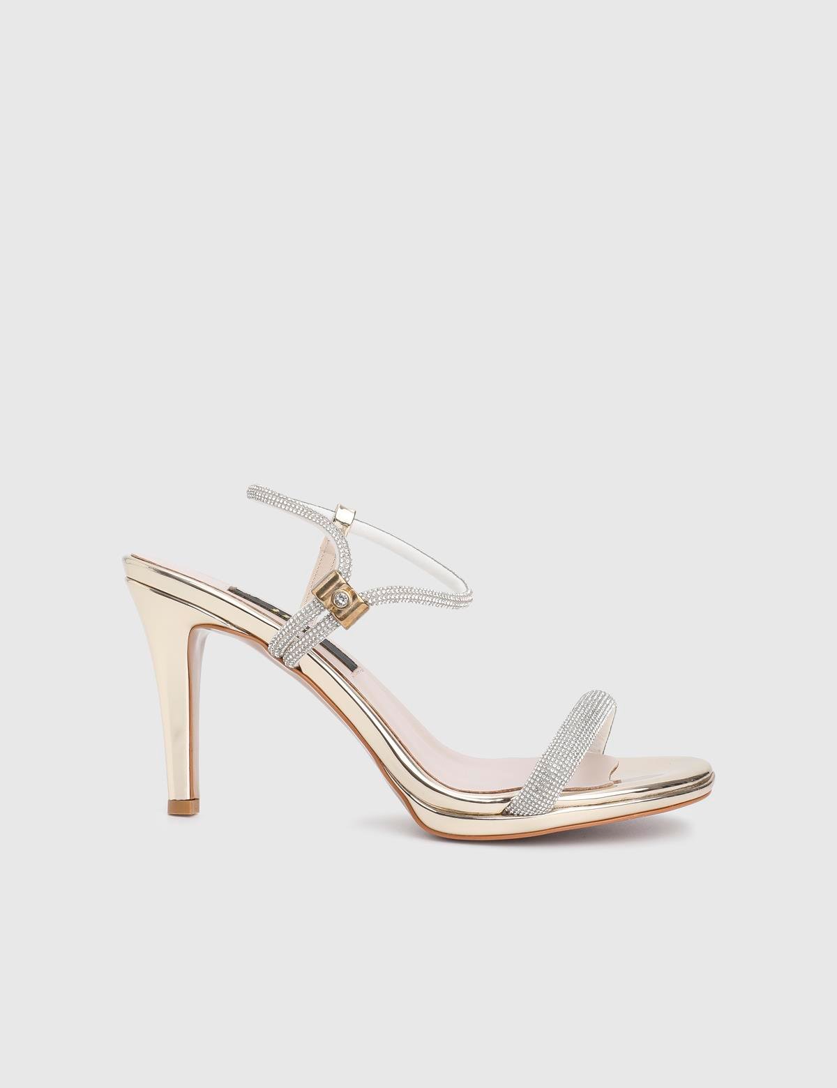 Ronna Gold Leather Women's Heeled Sandal with Stones