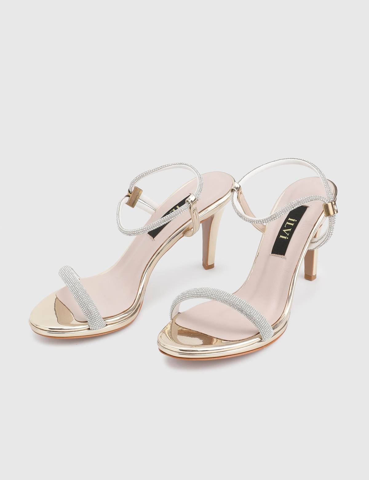 Ronna Gold Leather Women's Heeled Sandal with Stones