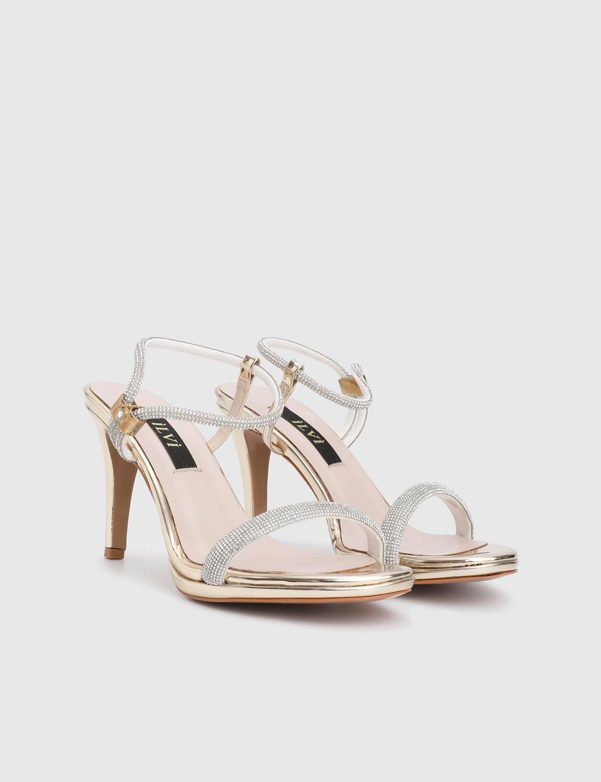 Ronna Gold Leather Women's Heeled Sandal with Stones