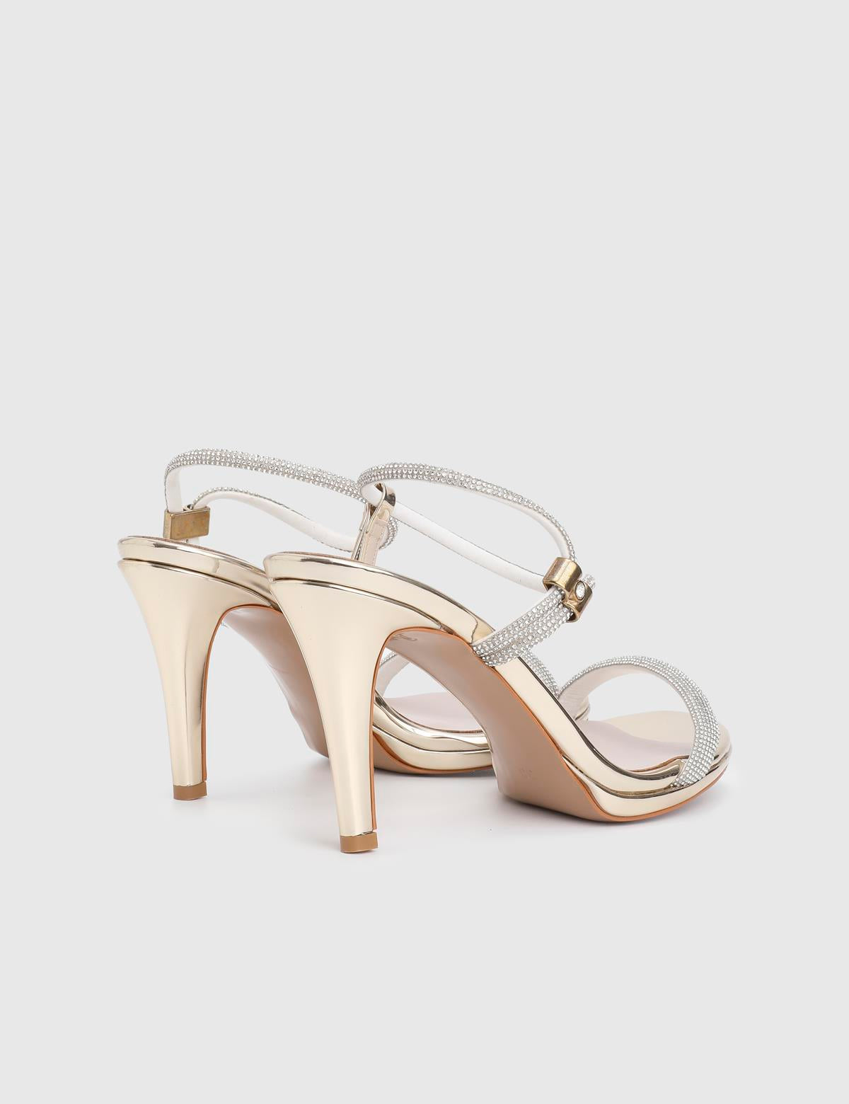 Ronna Gold Leather Women's Heeled Sandal with Stones