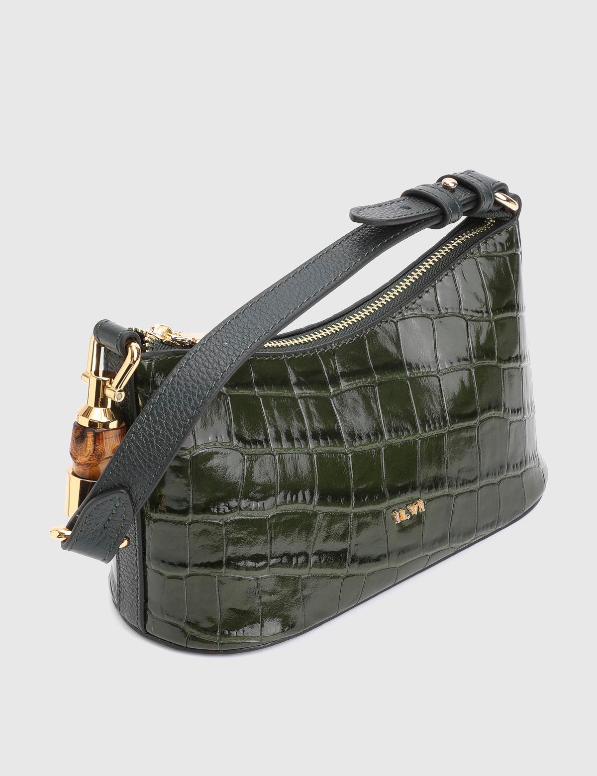 Roomy Green Leather Crocodile Women's Shoulder Bag