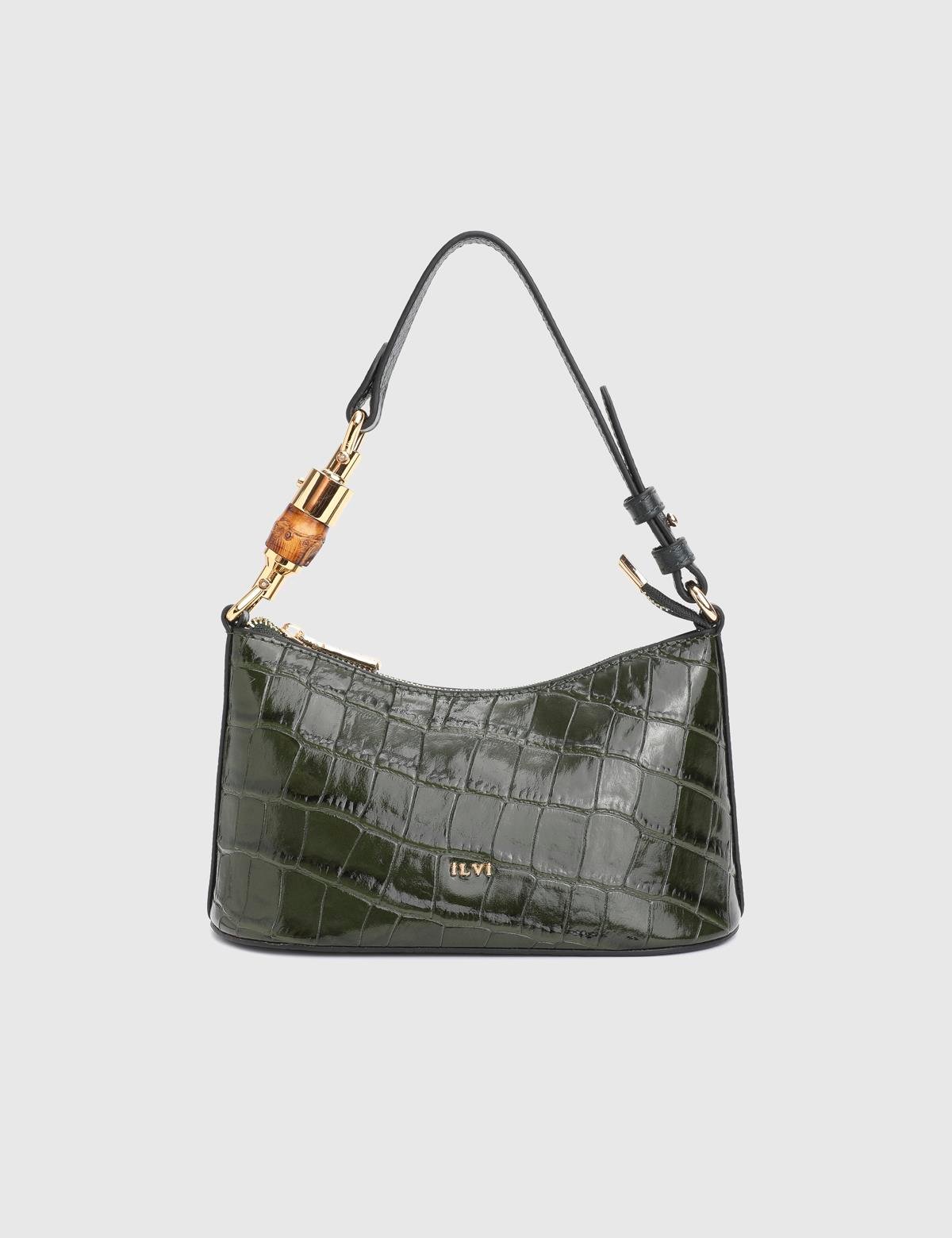 Roomy Green Leather Crocodile Women's Shoulder Bag