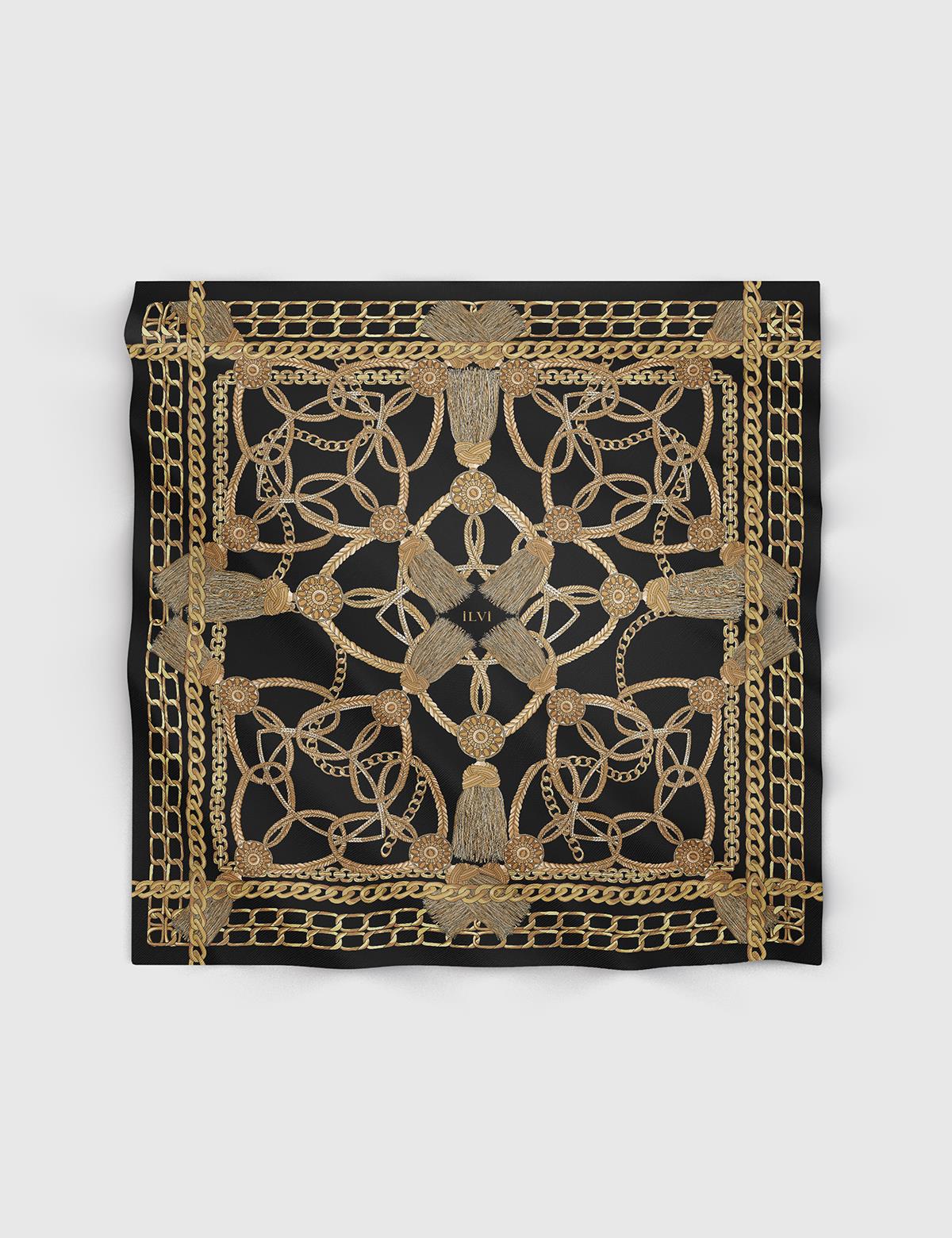 Solros Black-Mustard Silk Twill Women's Scarf