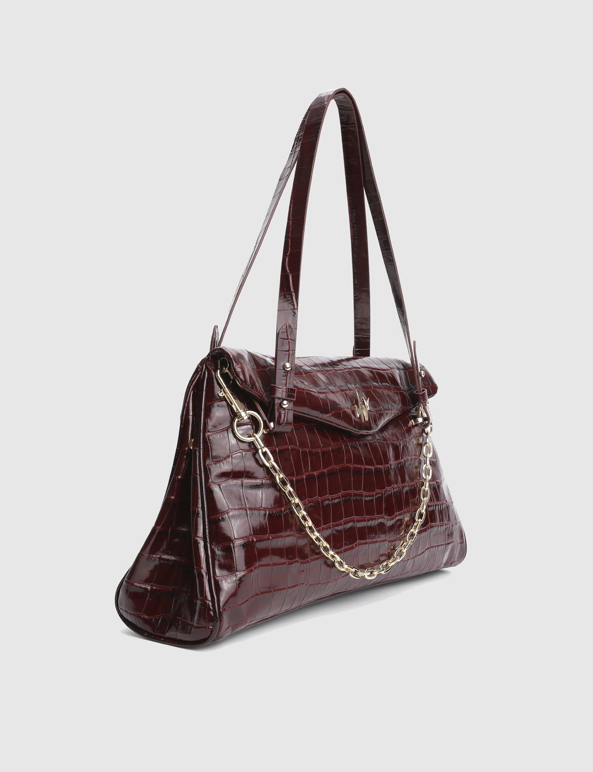 Toby Burgundy Patent Leather Crocodile Women's Shoulder Bag