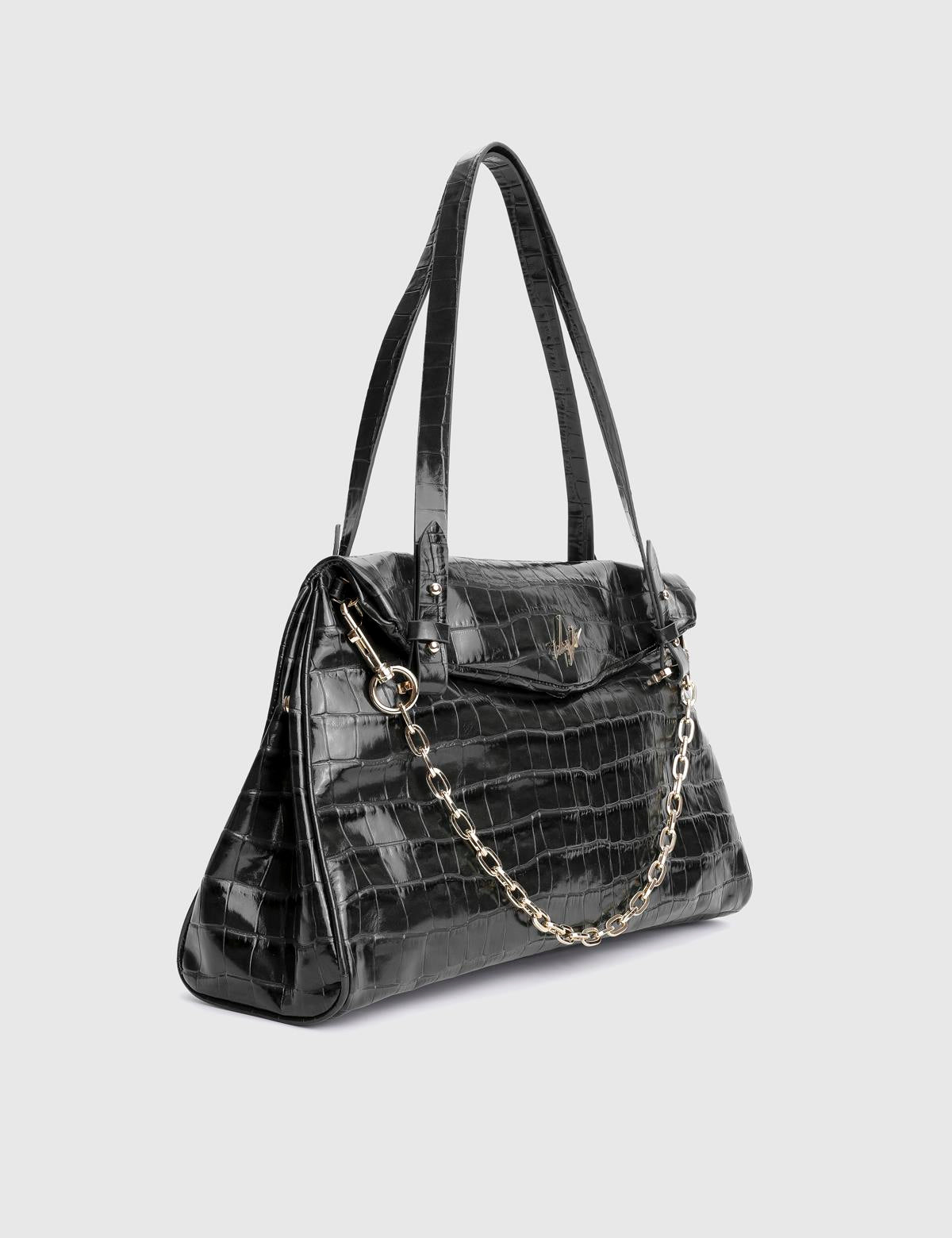Toby Black Patent Leather Crocodile Women's Shoulder Bag