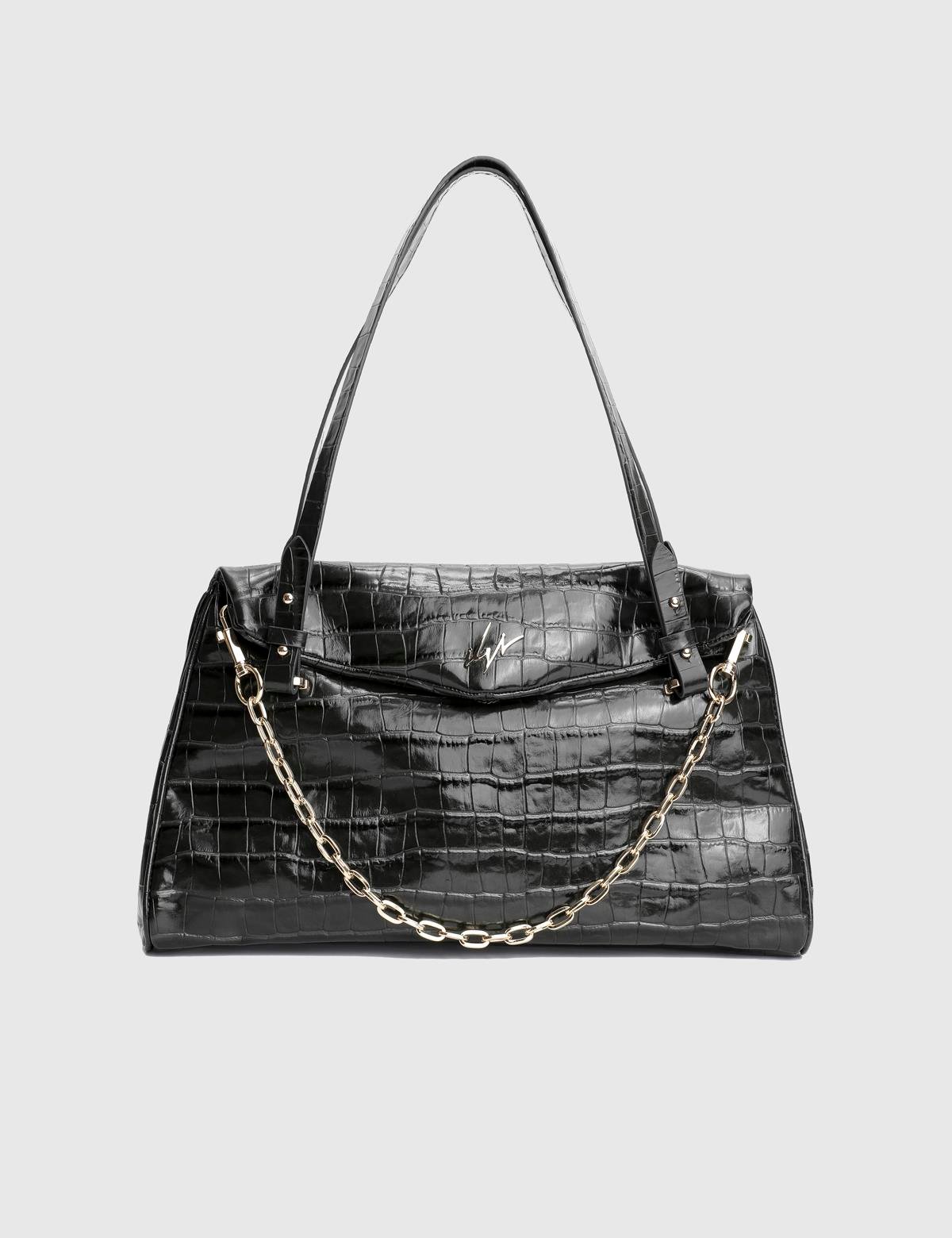 Toby Black Patent Leather Crocodile Women's Shoulder Bag