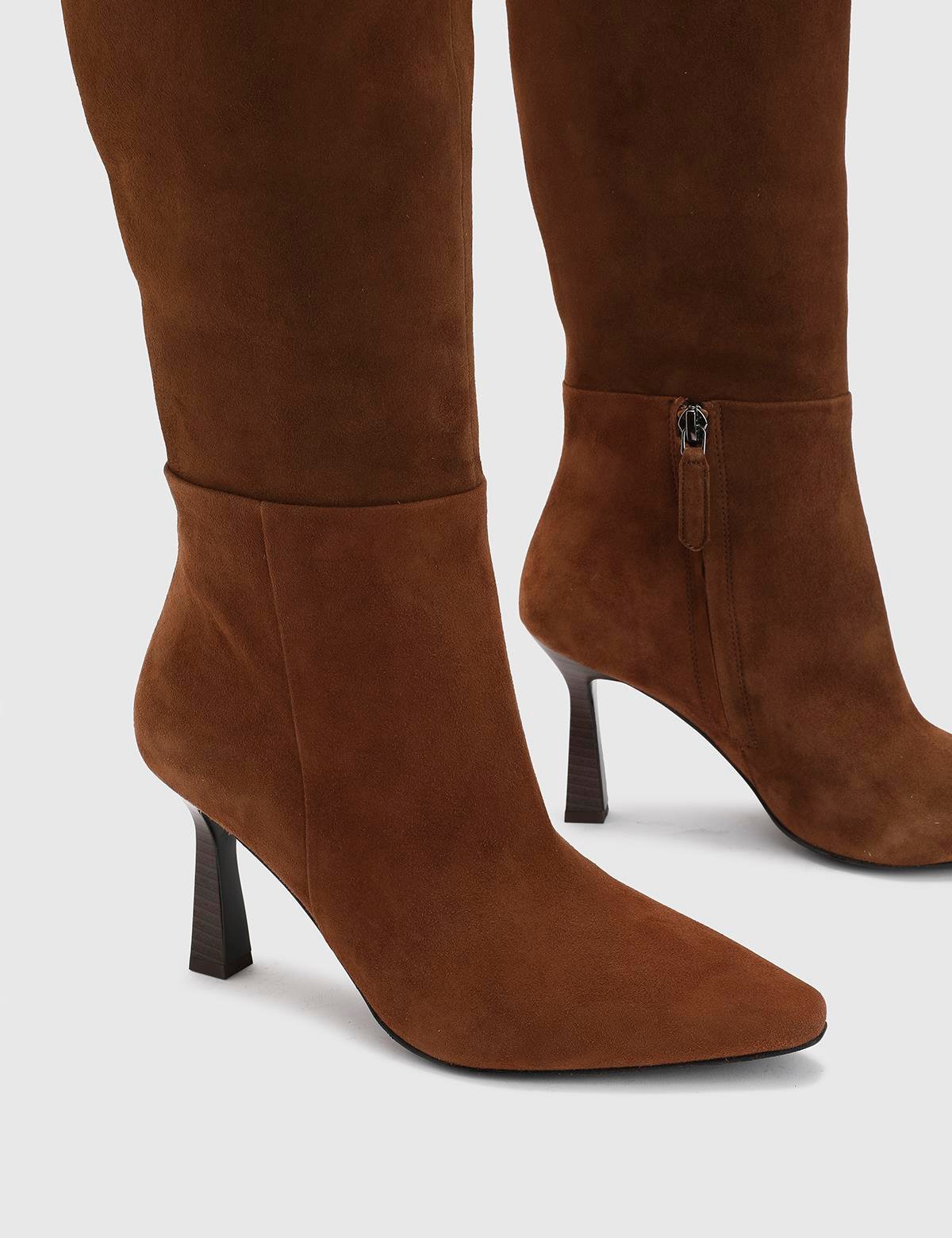 Treuh Saddle Brown Suede Leather Women's Heeled High Boot