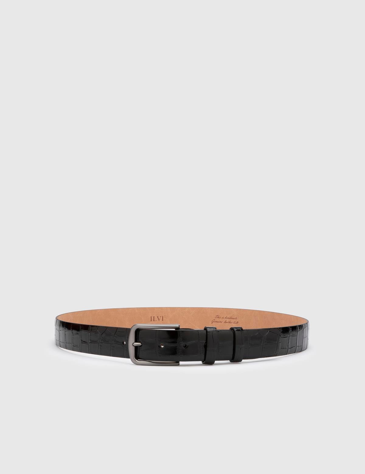 Tucker Black Leather Men's Belt with Crocodile Print