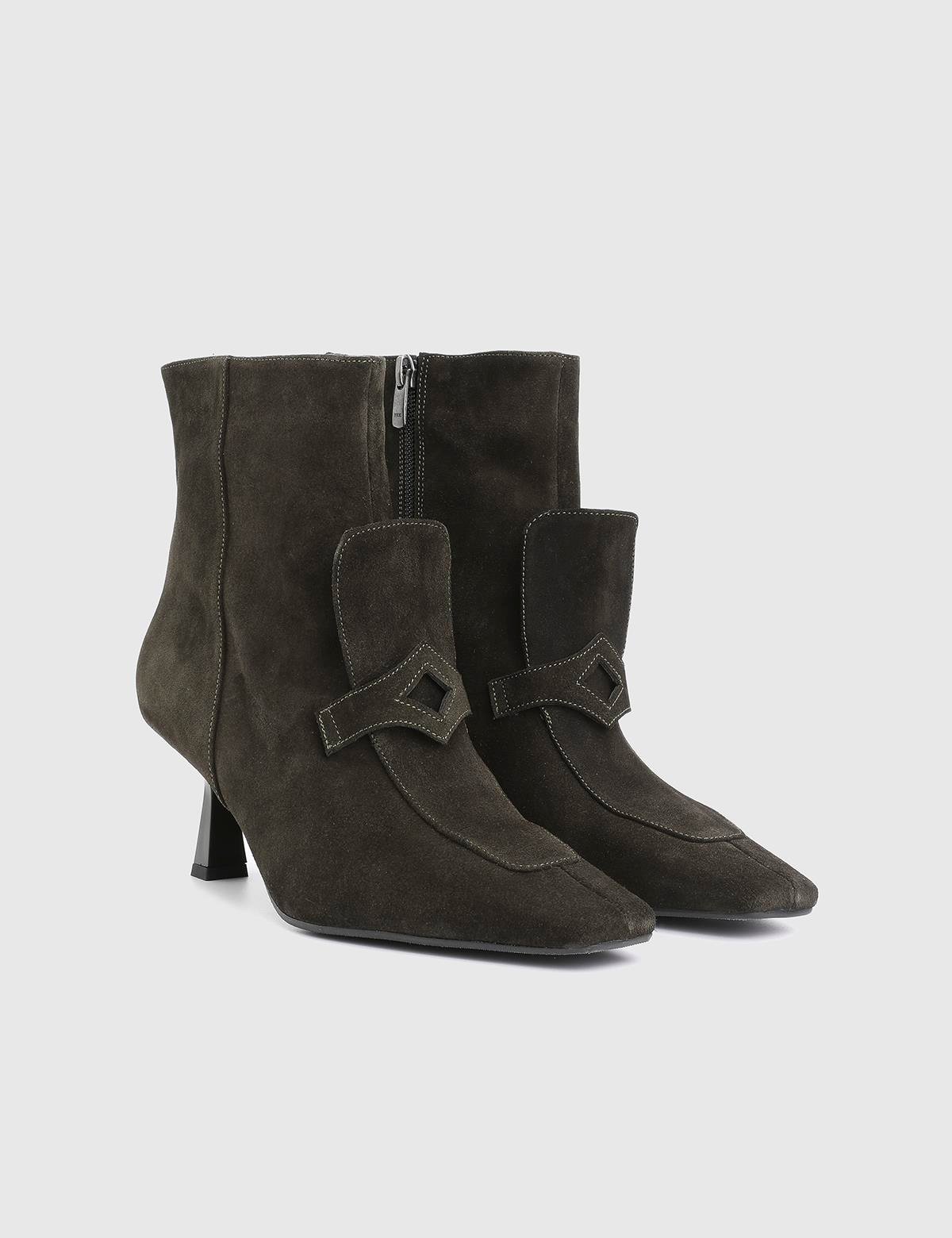 Tufty Khaki Suede Leather Women's Heeled Boot