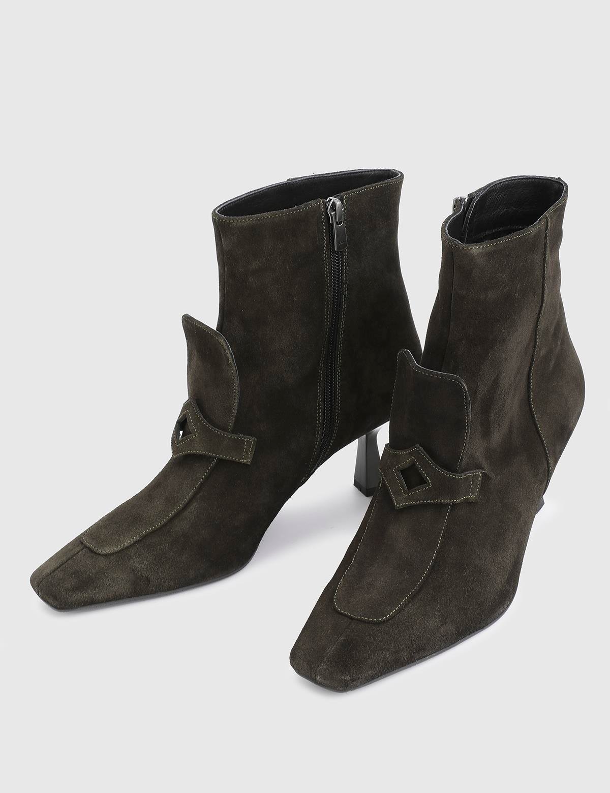 Tufty Khaki Suede Leather Women's Heeled Boot