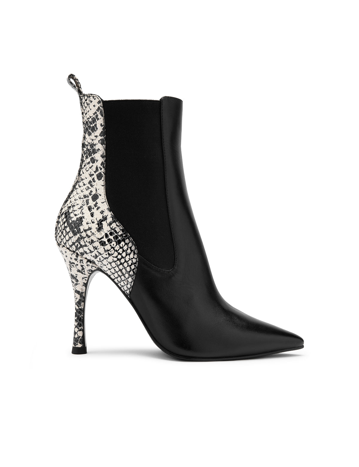 Vaso Black-White Leather Women's Heeled Boot with Snake Print
