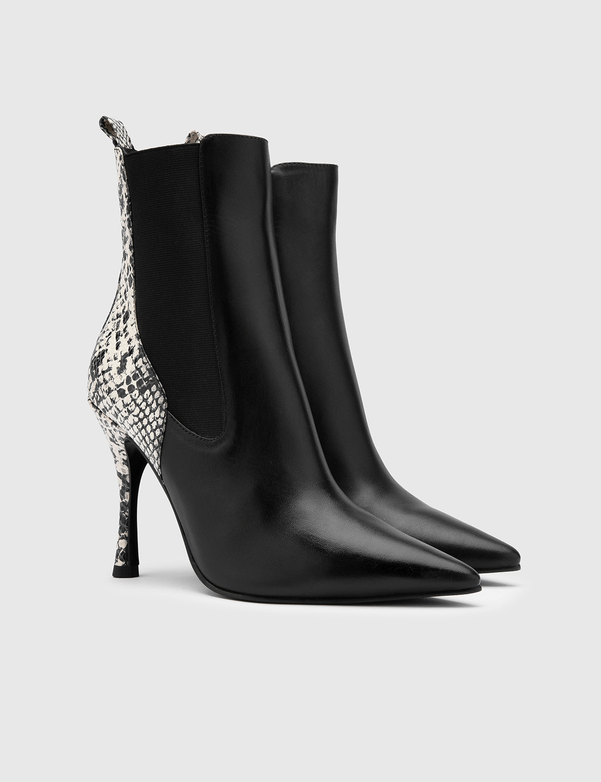 Vaso Black-White Leather Women's Heeled Boot with Snake Print