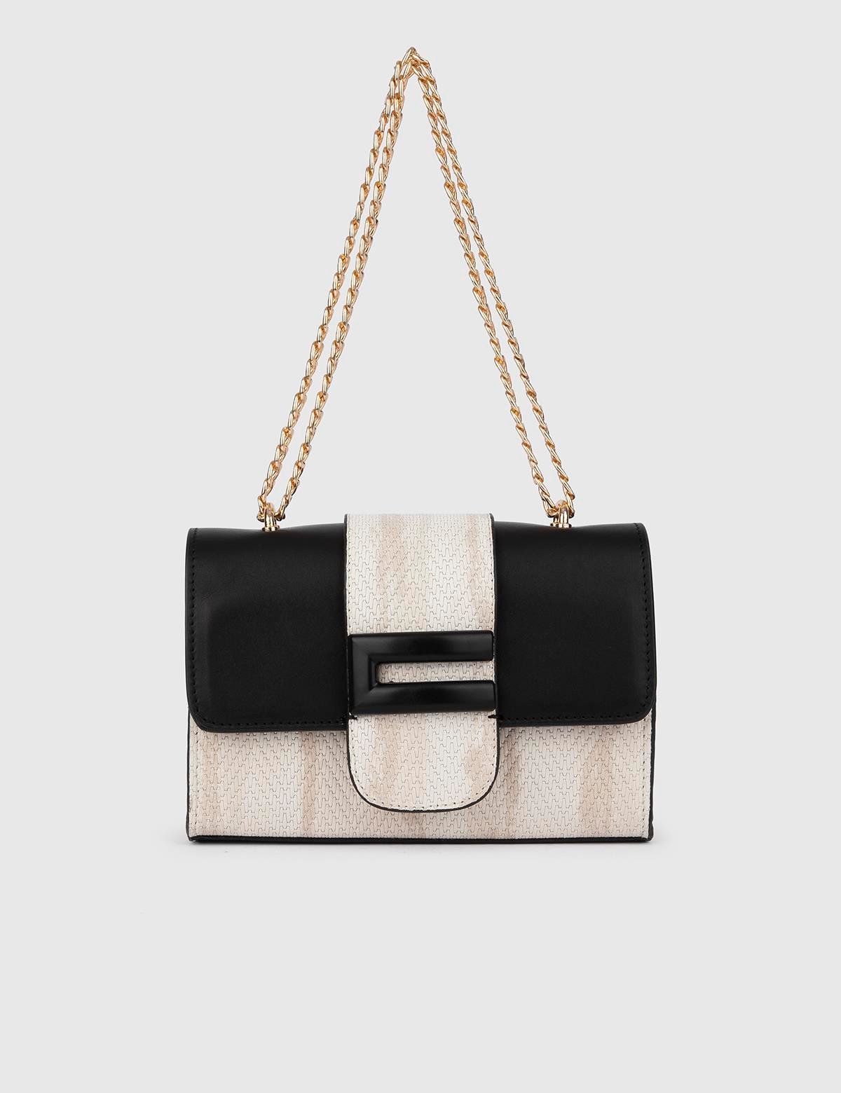 Lefke Cream Black Leather Women's Shoulder Bag