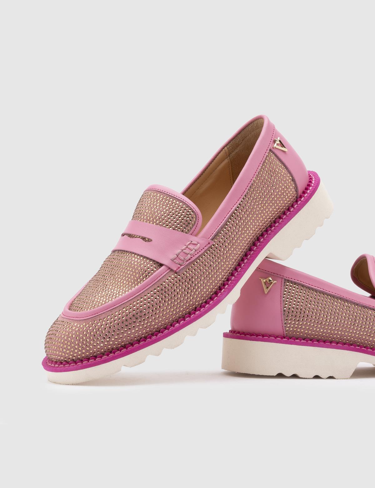 Ekala Pink Suede Leather Women's Loafer with Stones