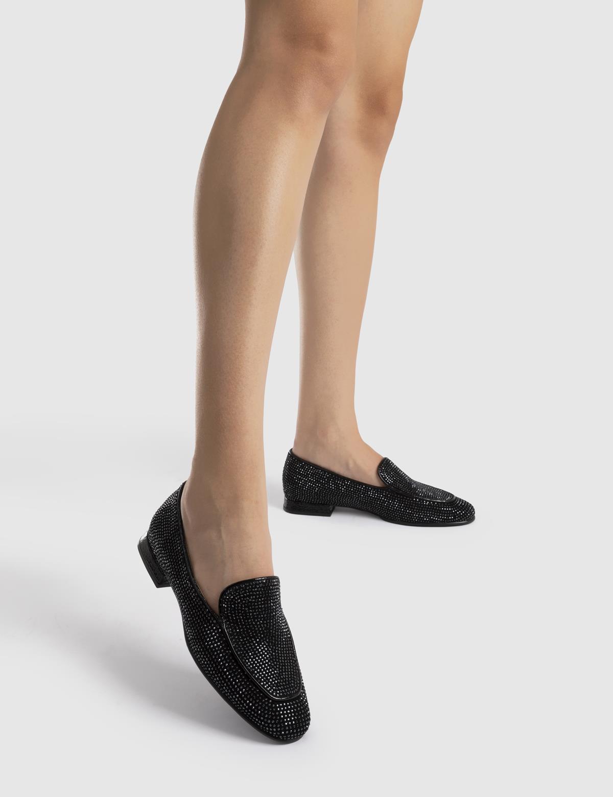 Himari Damen-Loafer aus schwarzem Wildleder mit Steinen