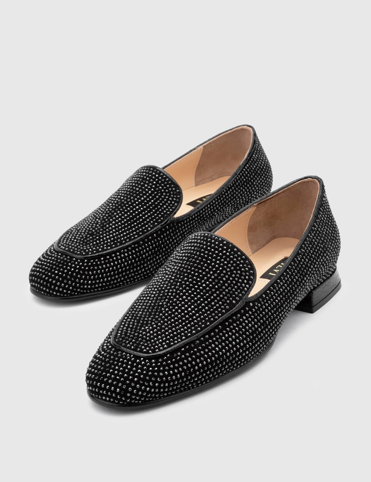 Himari Black Suede Leather Women's Loafer with Stones