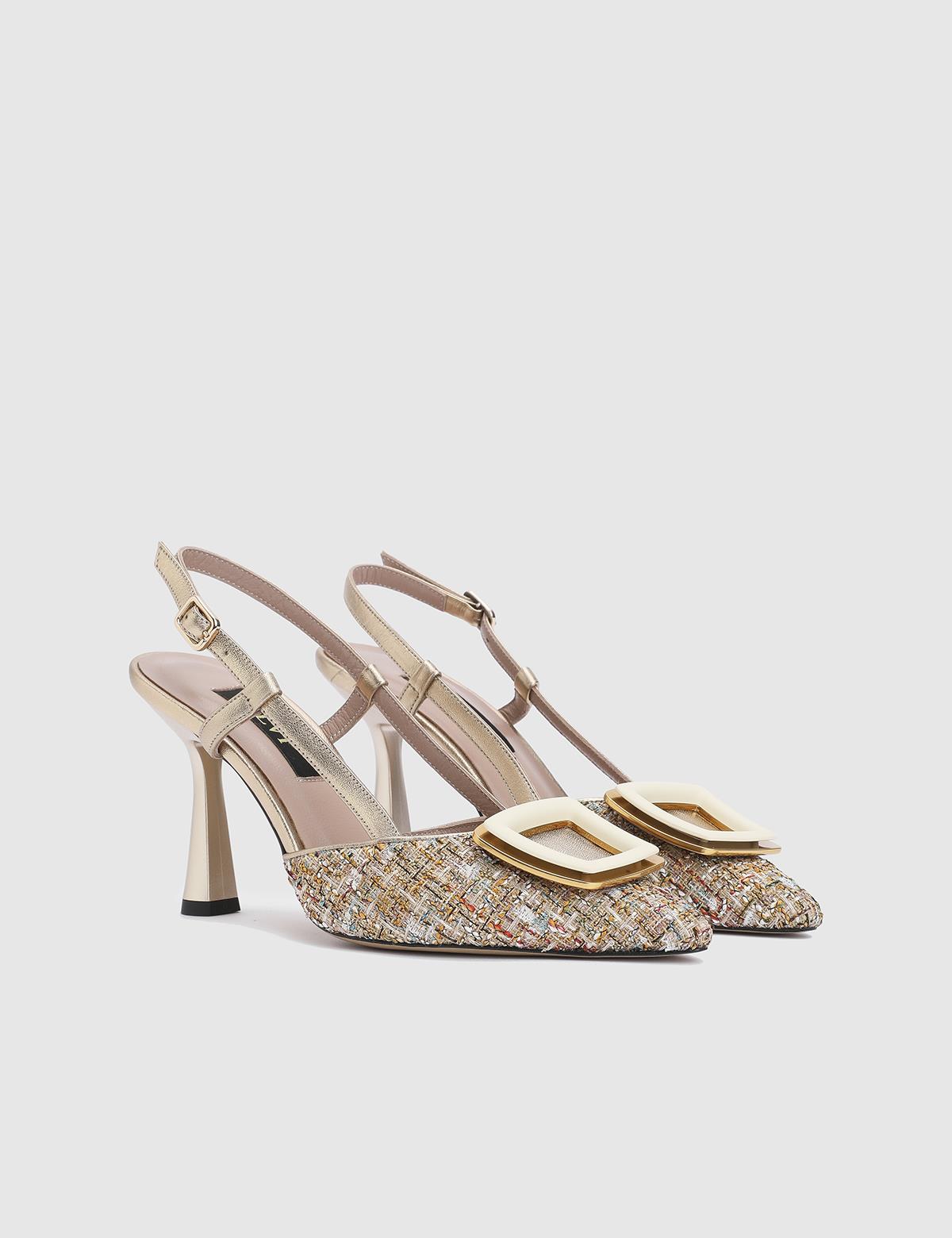 Jutta Gold Tweed Leather Women's Heeled Sandal