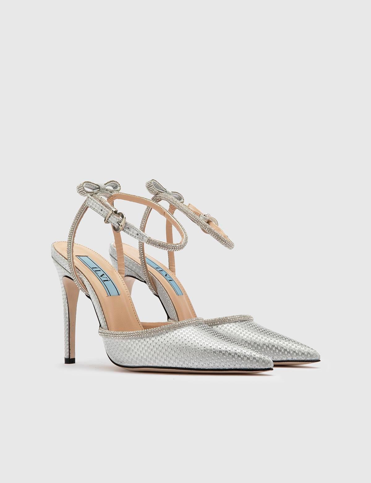 Ainsley Glittered Silver Leather Women's Heeled Sandal