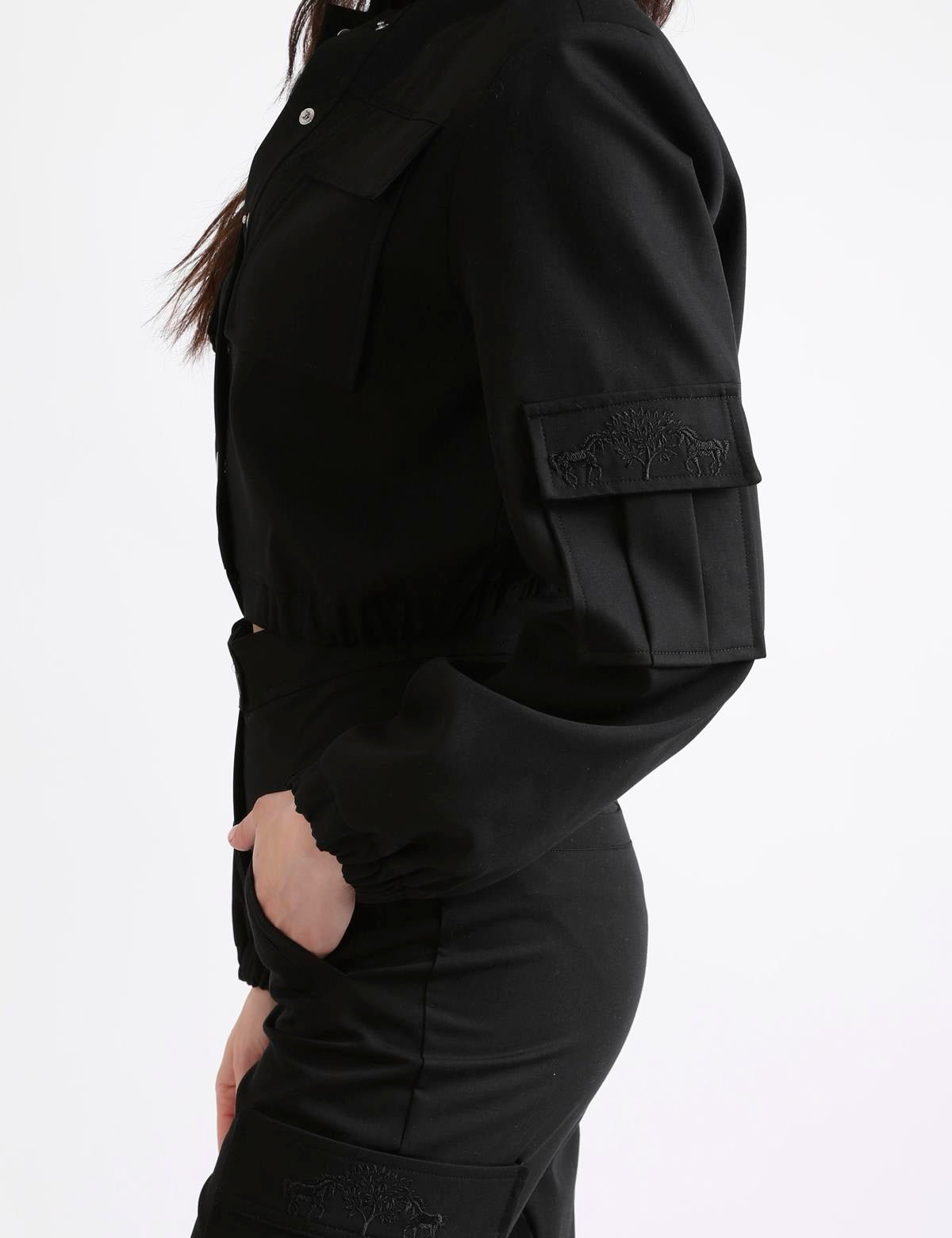 Ambra Black Women's Crop Bomber Jacket
