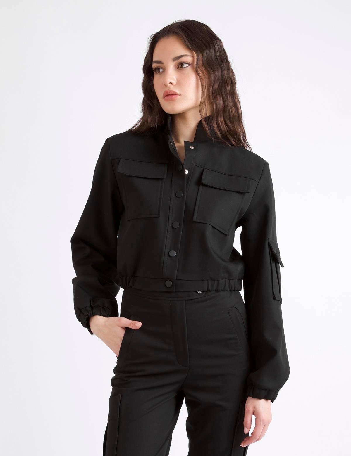 Ambra Black Women's Crop Bomber Jacket