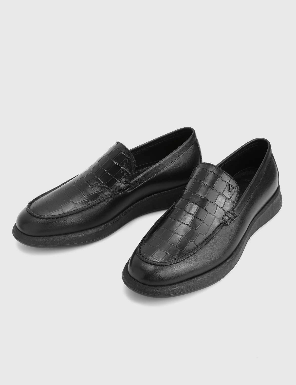 Angelo Black Leather Crocodile Men's Loafer