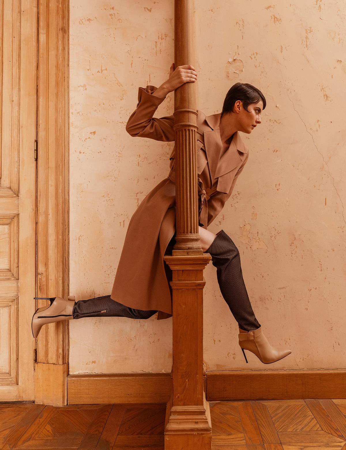 Asmunt Beige Leather-Mesh Women's Heeled High Boot