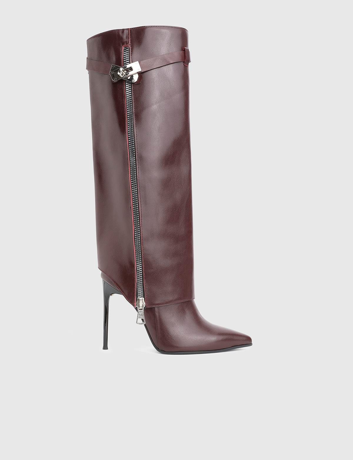 Bellina Burgundy Leather Women's Heeled High Boot