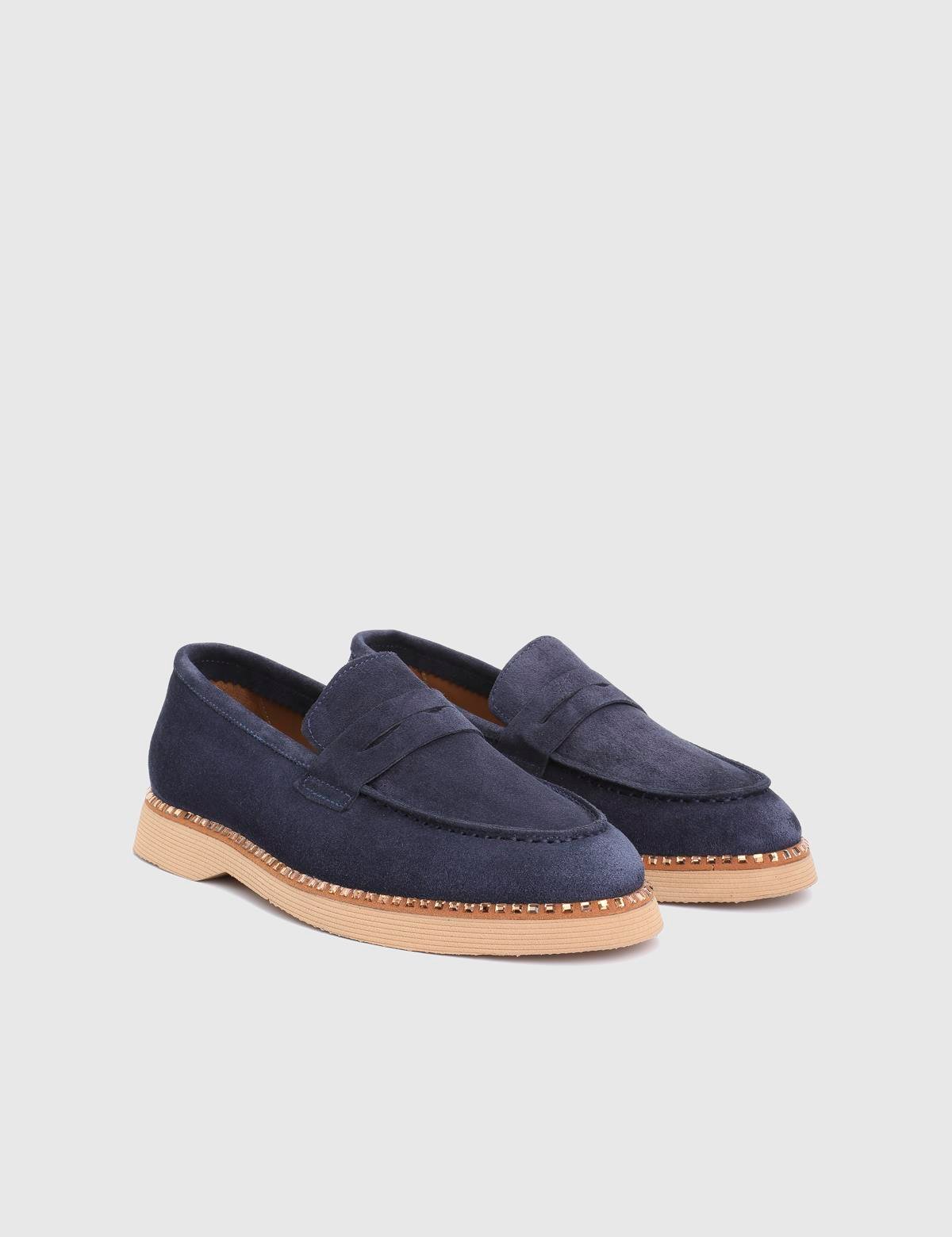 Buckle Navy Blue Suede Leather Women's Loafer