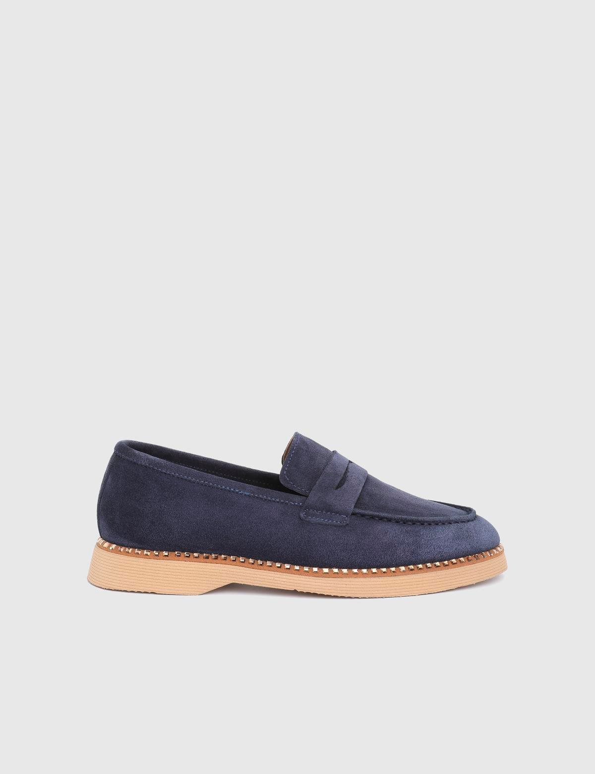 Buckle Navy Blue Suede Leather Women's Loafer