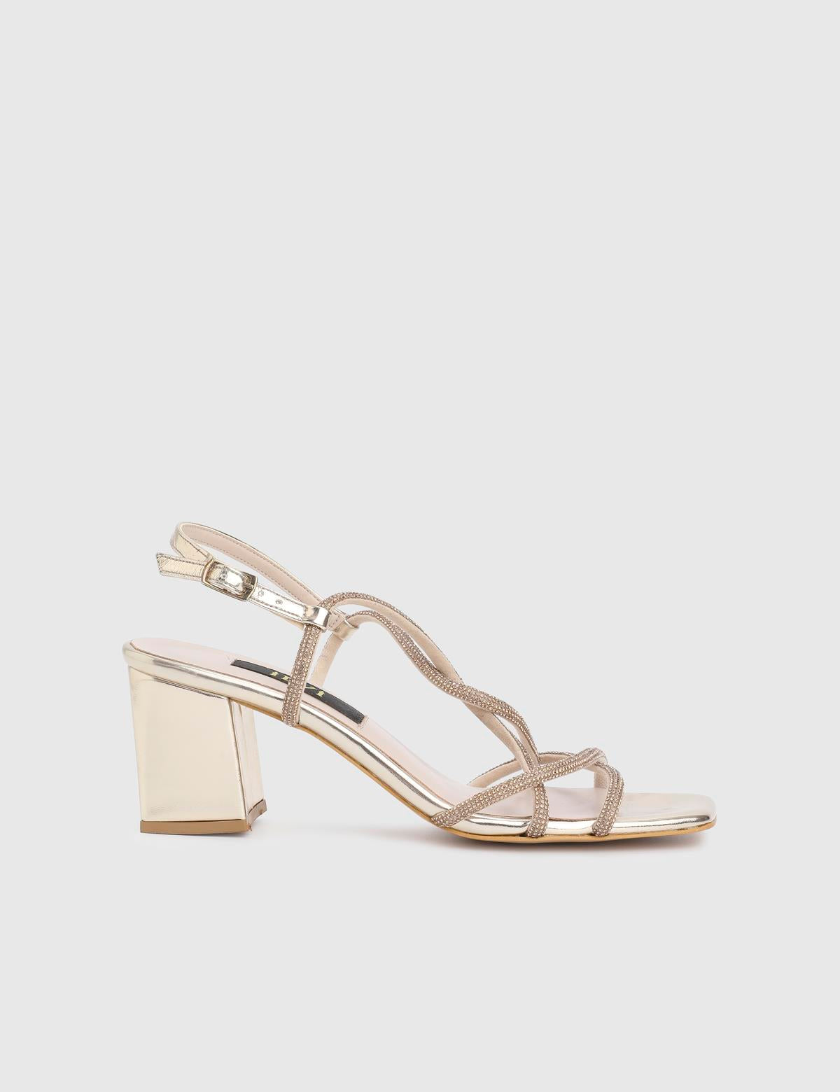 Crocus Gold Leather Women's Heeled Sandal with Stones