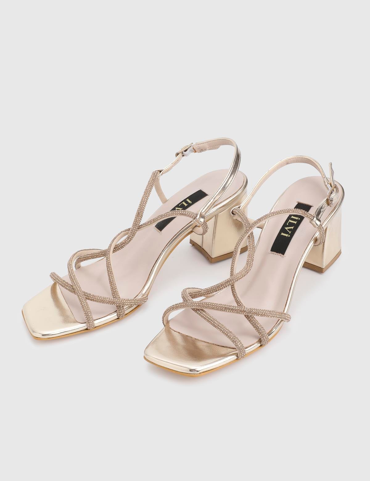 Crocus Gold Leather Women's Heeled Sandal with Stones