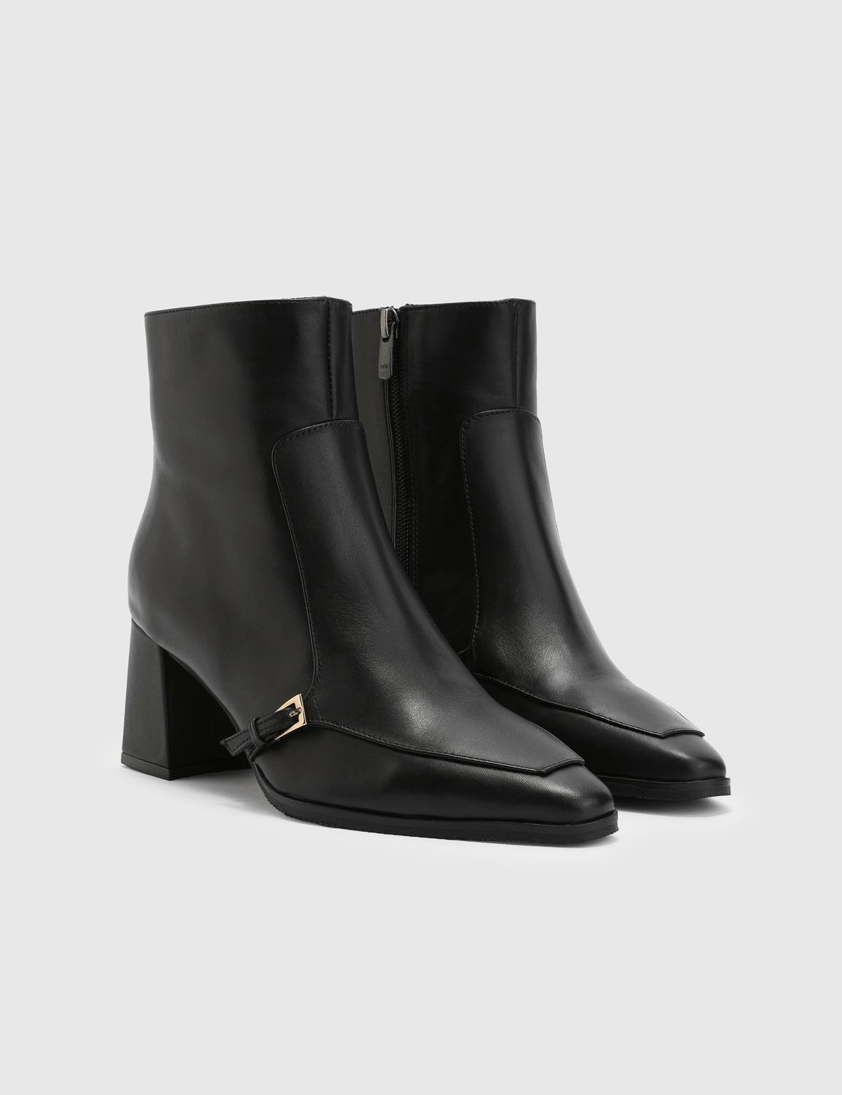 Daen Black Leather Women's Heeled Boot