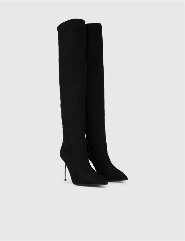 Degeles Black Suede Leather Women's Heeled High Boot