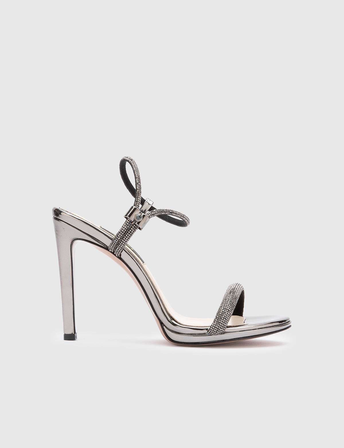 Durgesh Anthracite Leather Women's Heeled Sandal with Stones