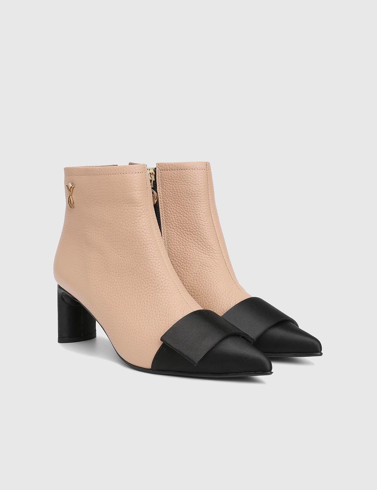 Ernesta Beige Floater Leather Satin Women's Heeled Boot