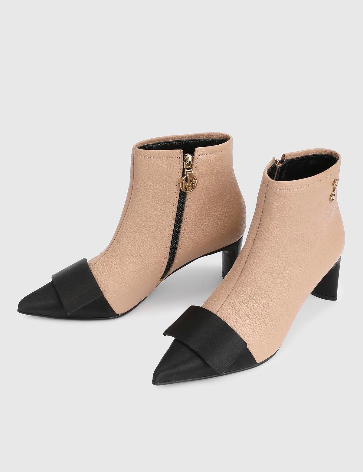 Ernesta Beige Floater Leather Satin Women's Heeled Boot