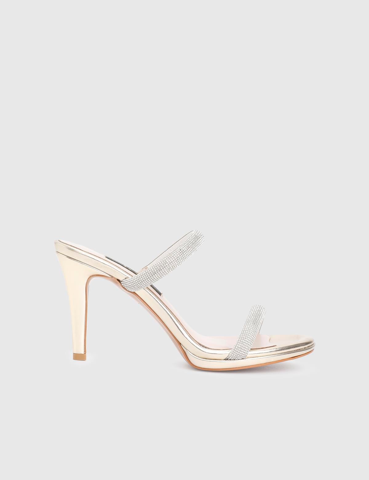 Fers Gold Leather Women's Heeled Slide with Stones