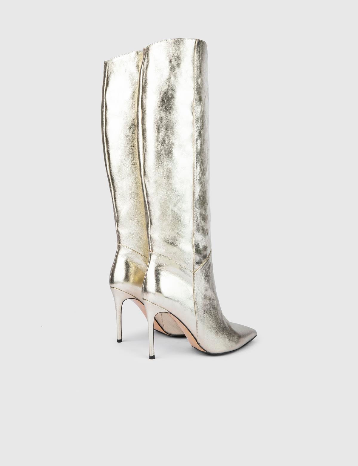 Flin Gold Leather Women's Heeled High Boot