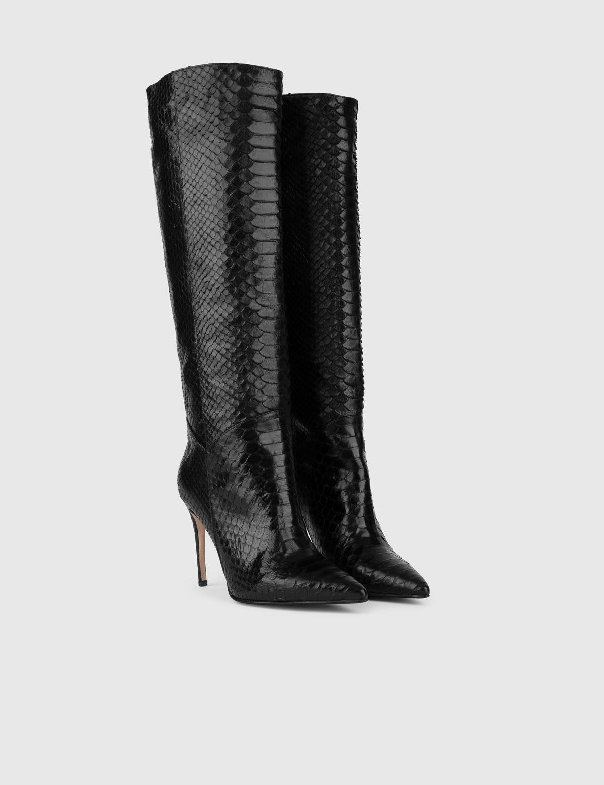 Flin Black Snake Leather Women's Heeled High Boot