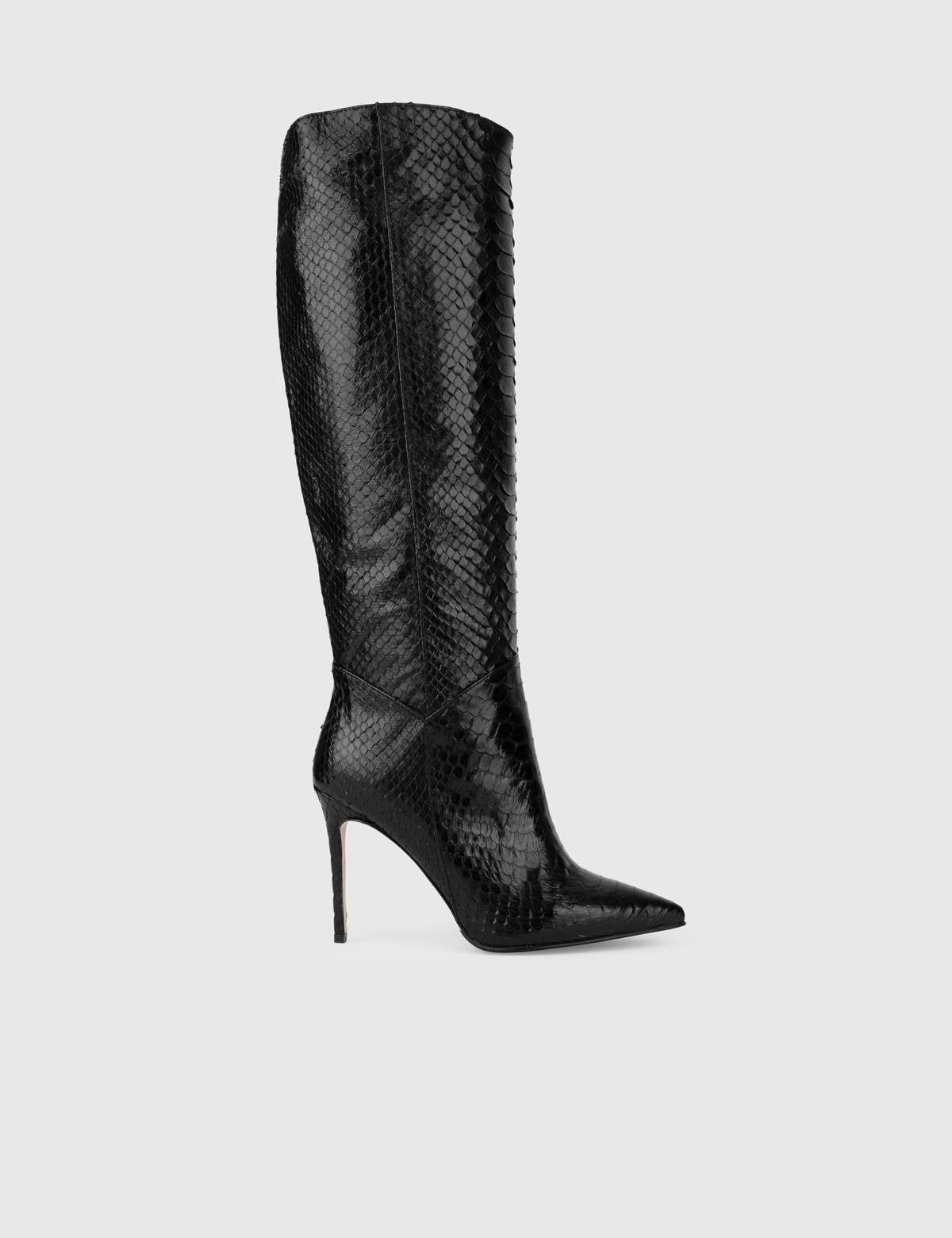 Flin Black Snake Leather Women's Heeled High Boot