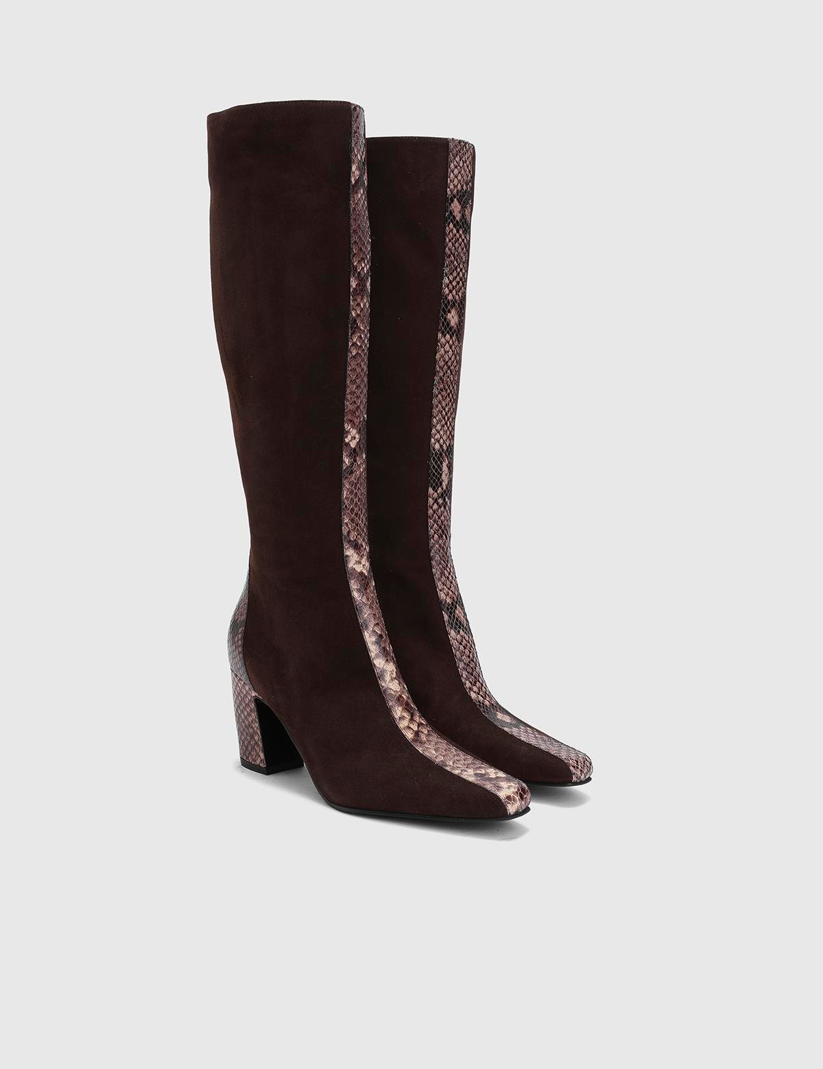 Glacia Brown Suede Leather Women's Heeled High Boot