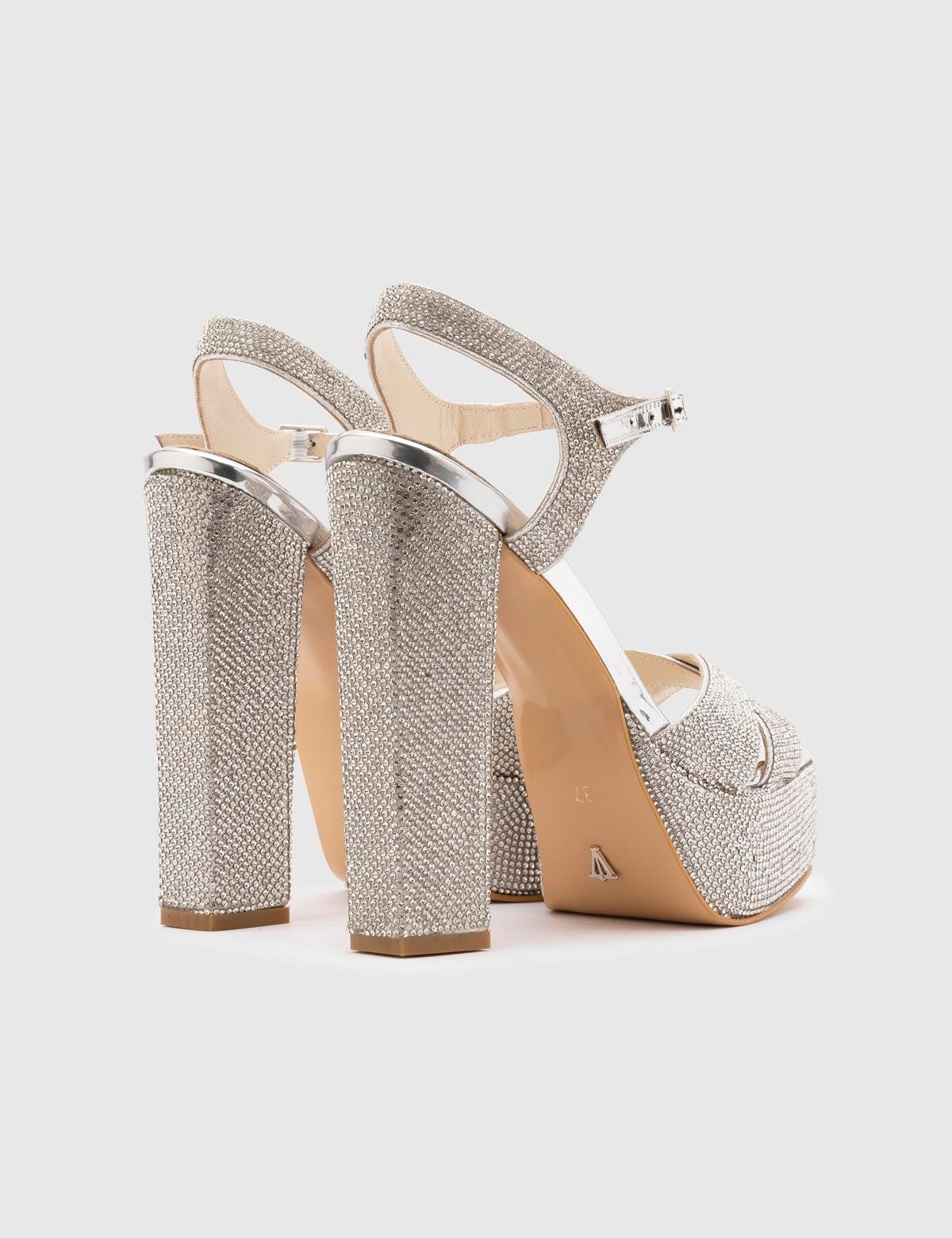 Jumana Silver Leather Women's Heeled Sandal with Stones