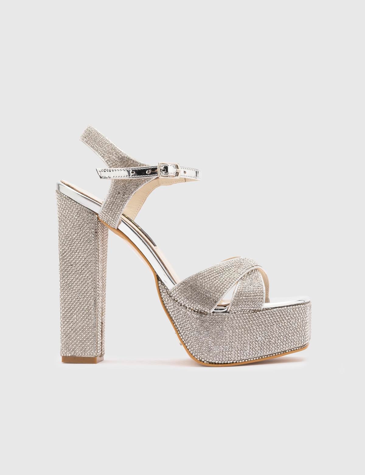 Jumana Silver Leather Women's Heeled Sandal with Stones