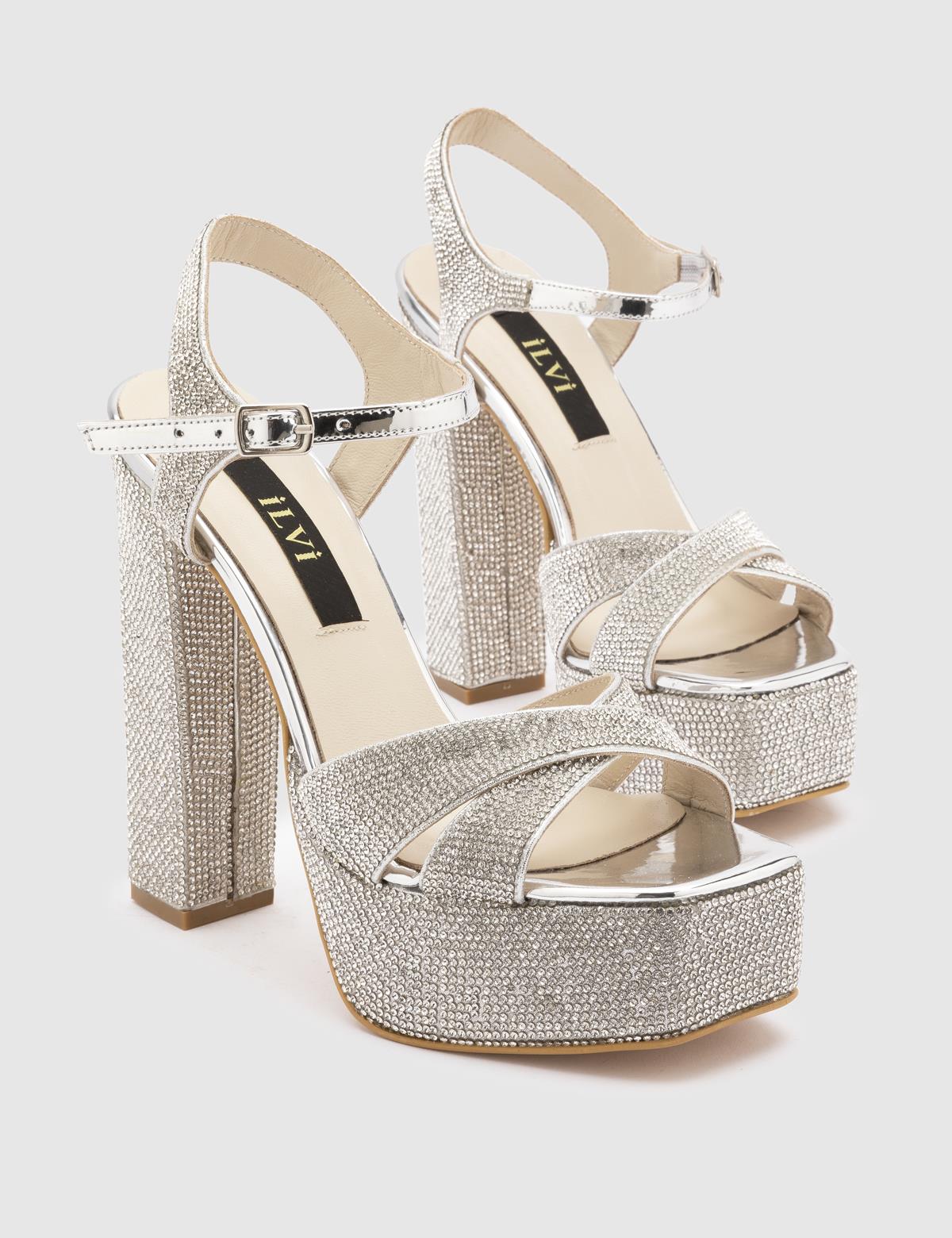 Jumana Silver Leather Women's Heeled Sandal with Stones