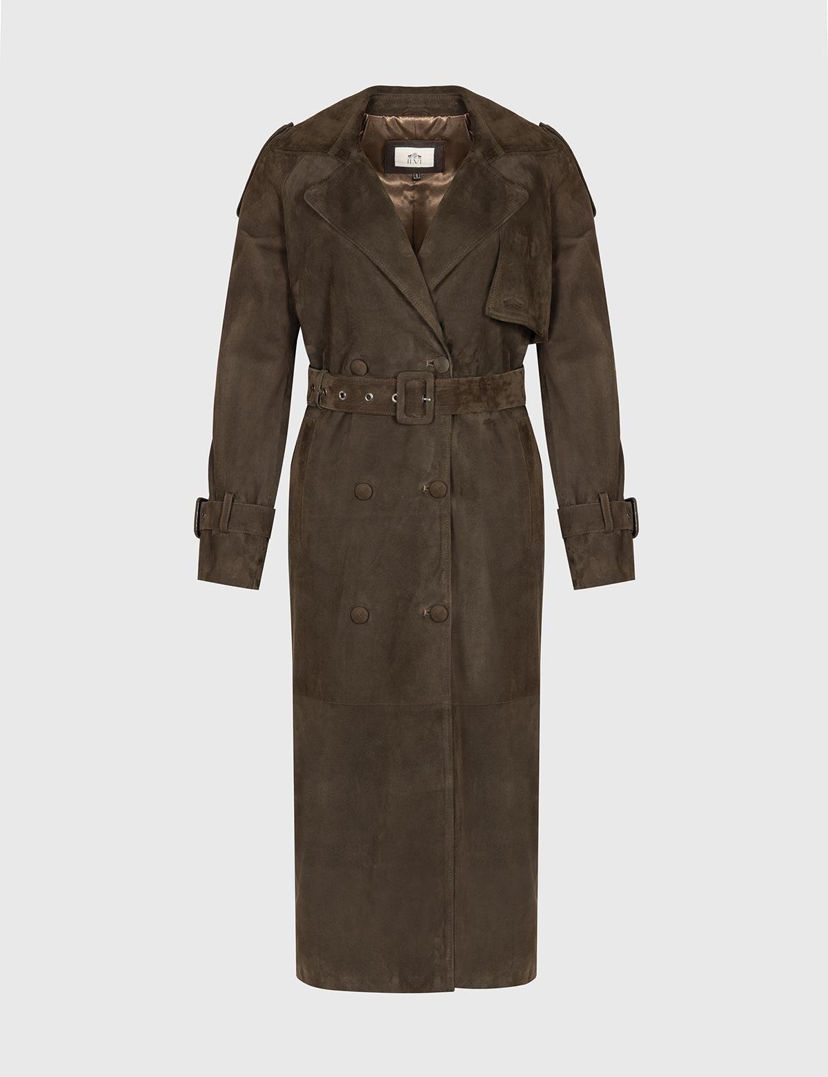 Kristi Khaki Suede Women's Leather Trench Coat