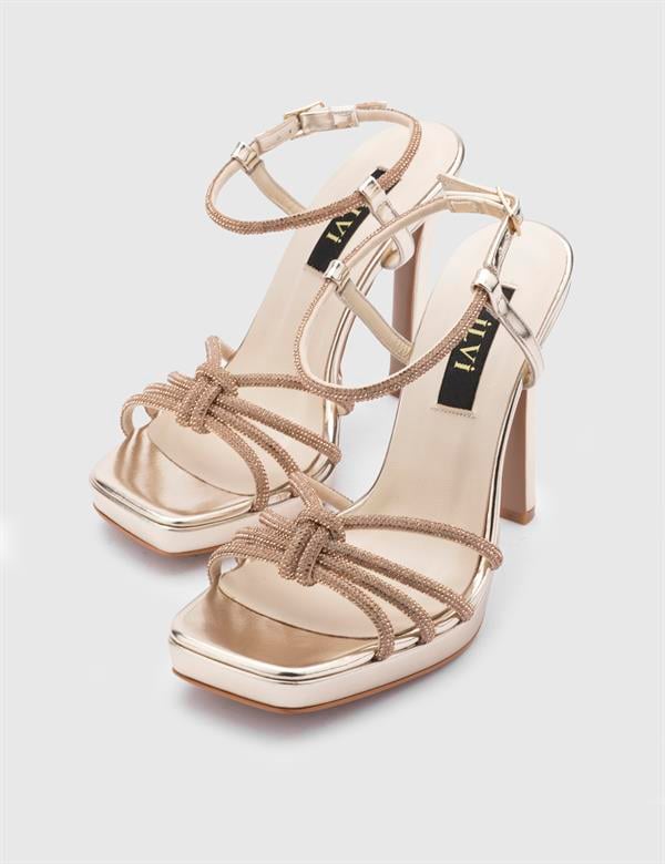 Masako Gold Leather Women's Heeled Sandal with Stones