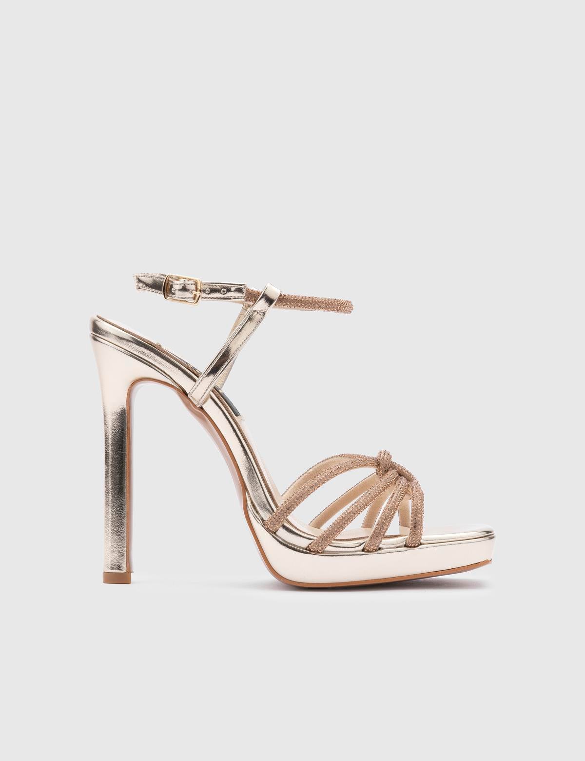 Masako Gold Leather Women's Heeled Sandal with Stones
