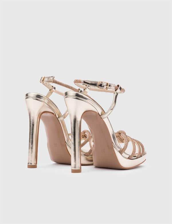 Masako Gold Leather Women's Heeled Sandal with Stones