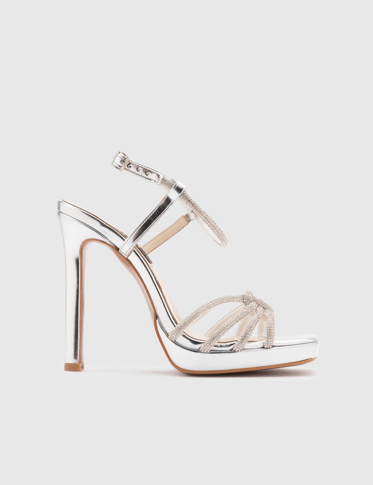Masako Silver Leather Women's Heeled Sandal with Stones