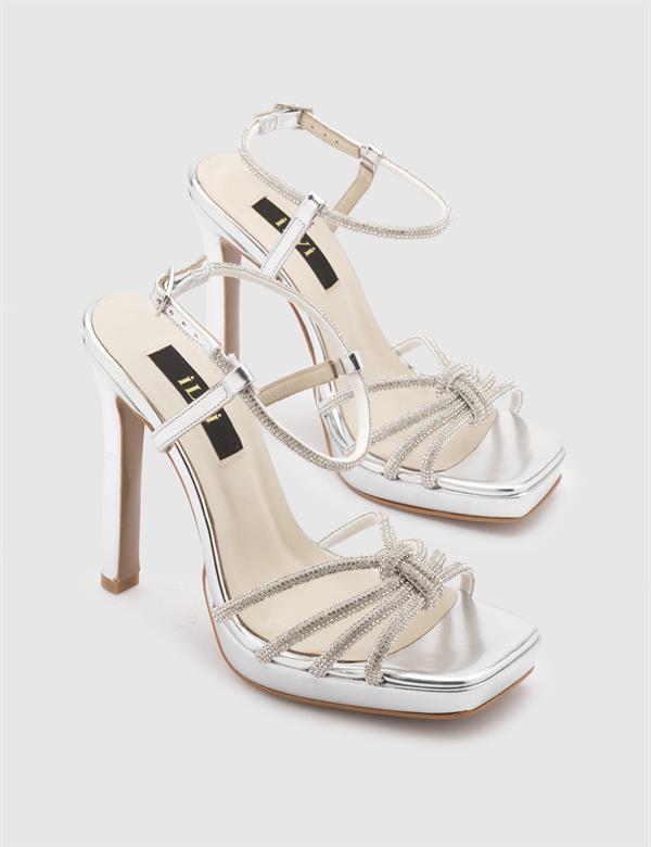 Masako Silver Leather Women's Heeled Sandal with Stones